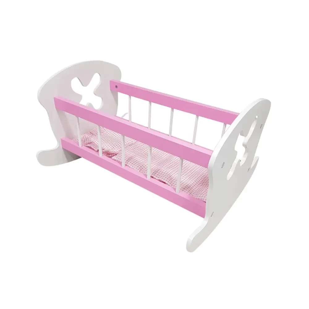  Houten poppenbedje wit-roze