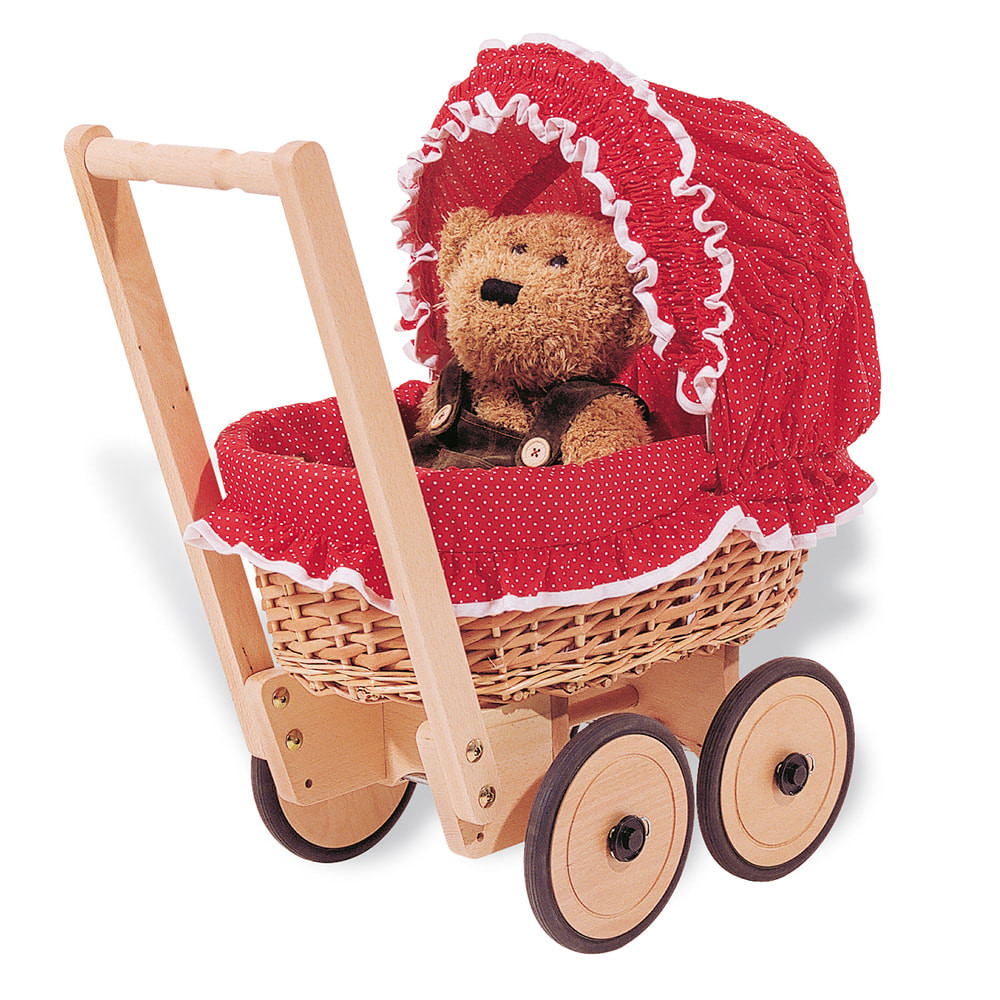 Rieten poppenwagen met stoffen kap Roze Wit Rieten poppenwagen met stoffen kap Roze Wit