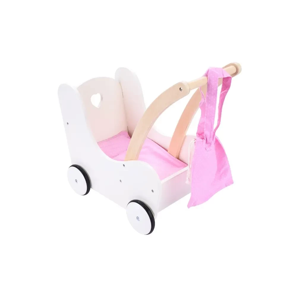  Poppenwagen wit-roze met opbergtas